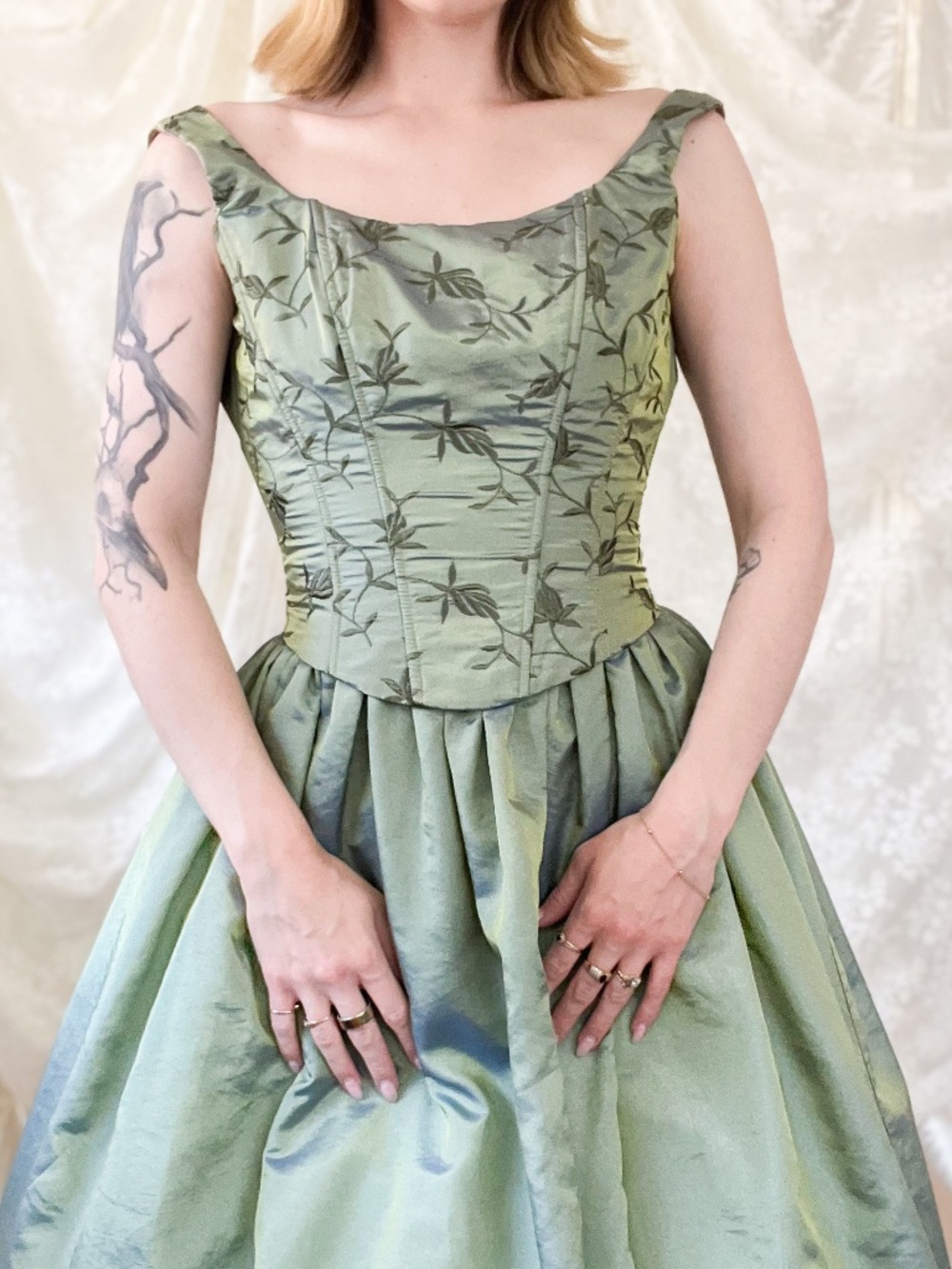 Vintage Scott McClintock Iridescent Sage Green Embroidered Corset Gown
